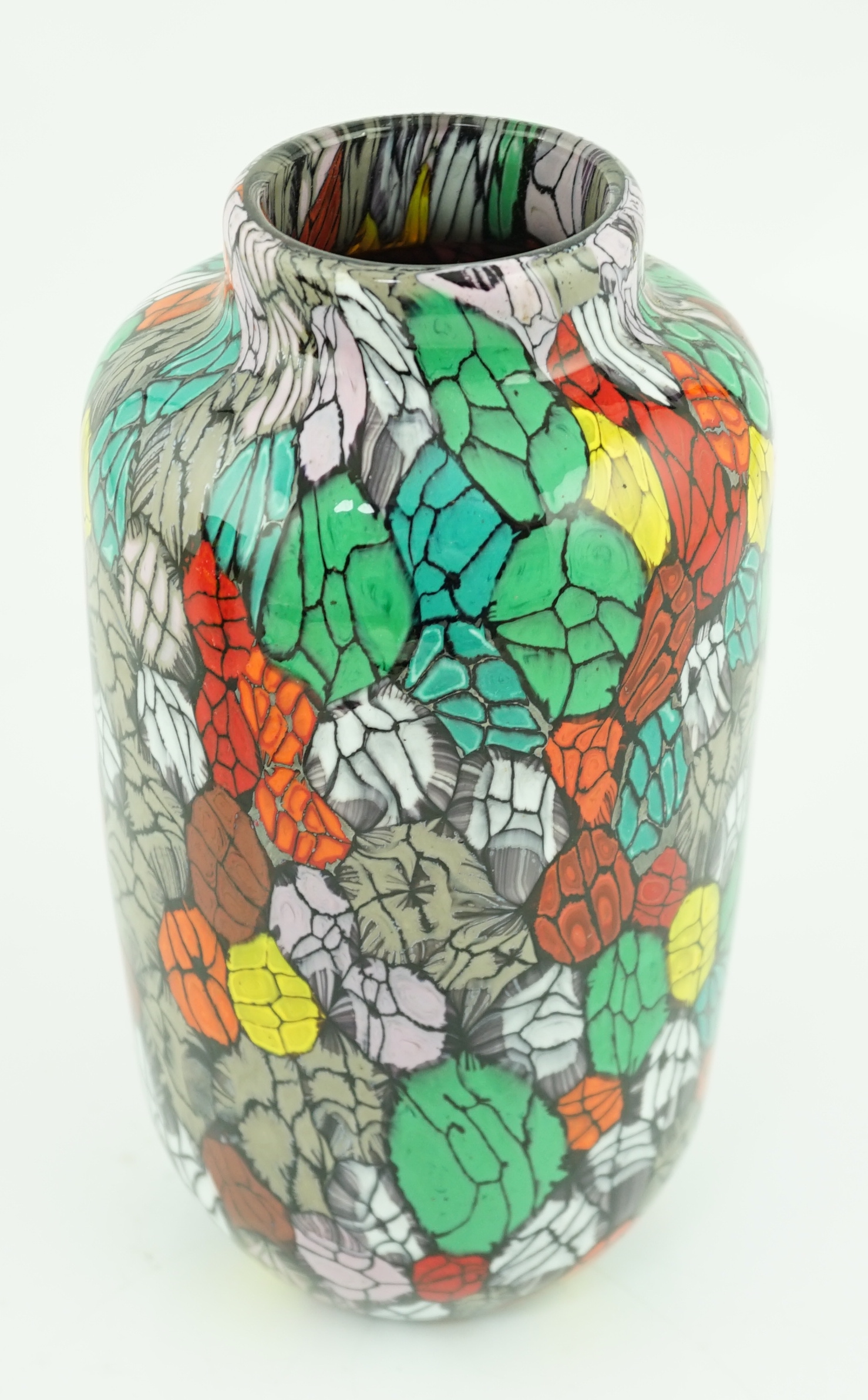 Vittorio Ferro (1932-2012) A Murano glass Murrine vase, with a multicoloured leaf design, signed, 27cm, Please note this lot attracts an additional import tax of 20% on the hammer price